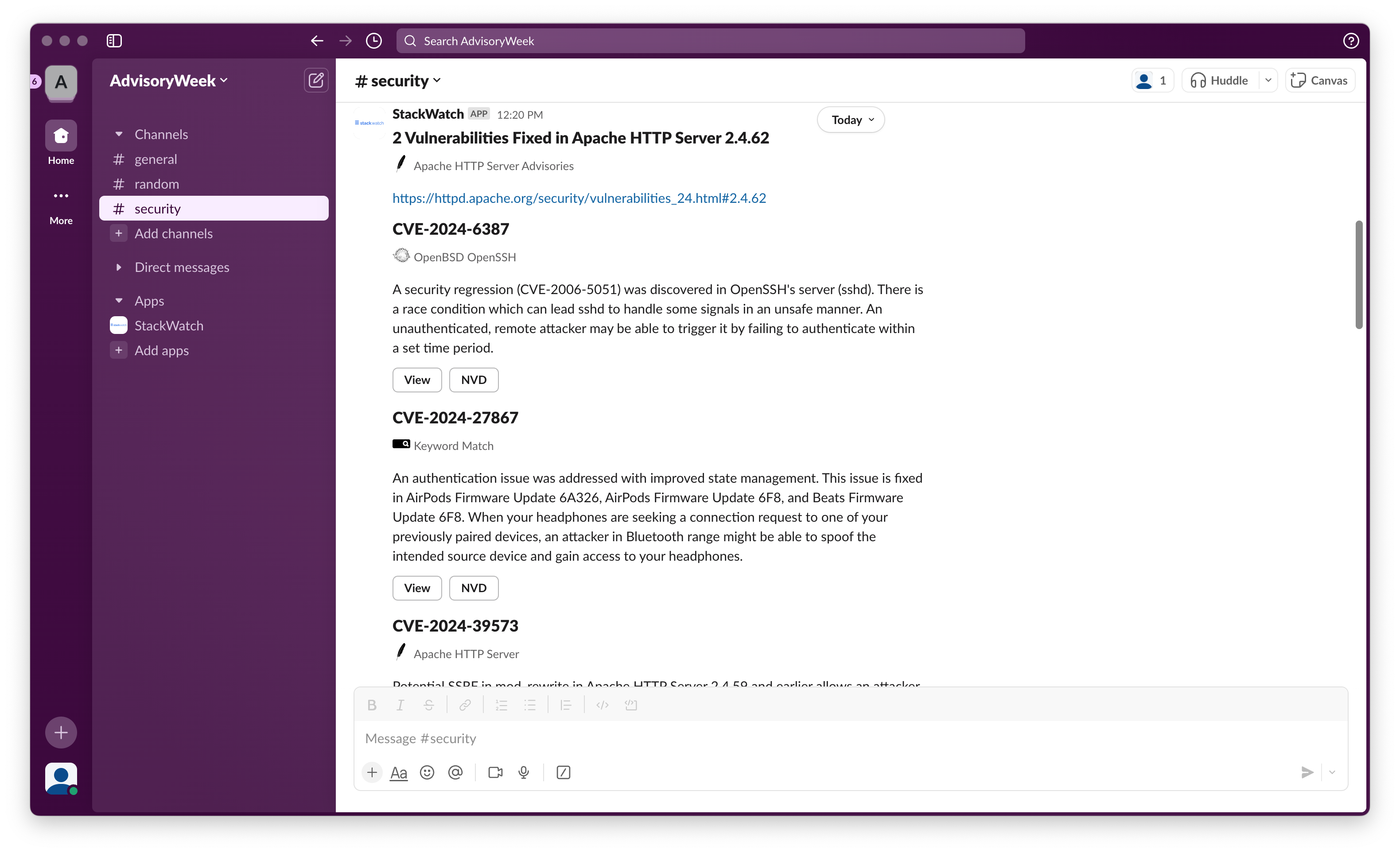 CVE listings in slack channel